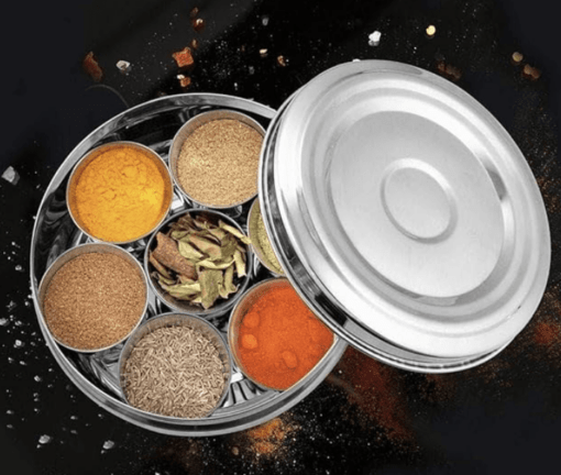 Shri & Sam High Grade Stainless Steel Classic Spice/Masala Box With Stainless Steel Lid & 7 Containers,Silver